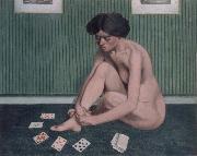 Woman Playing solitaire,green room